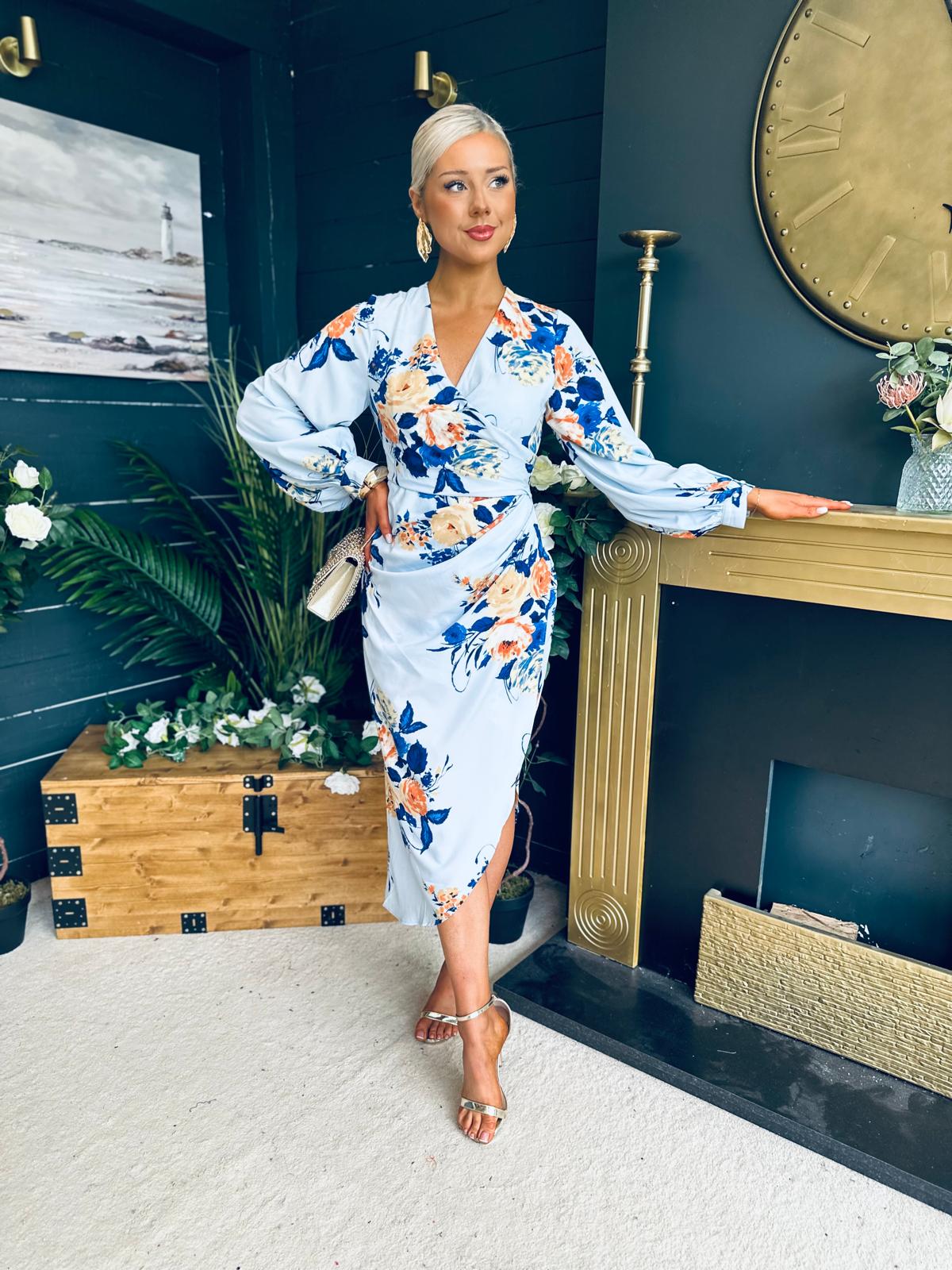 Elsa Detailed Asymmetric Dress Floral Sky Blue