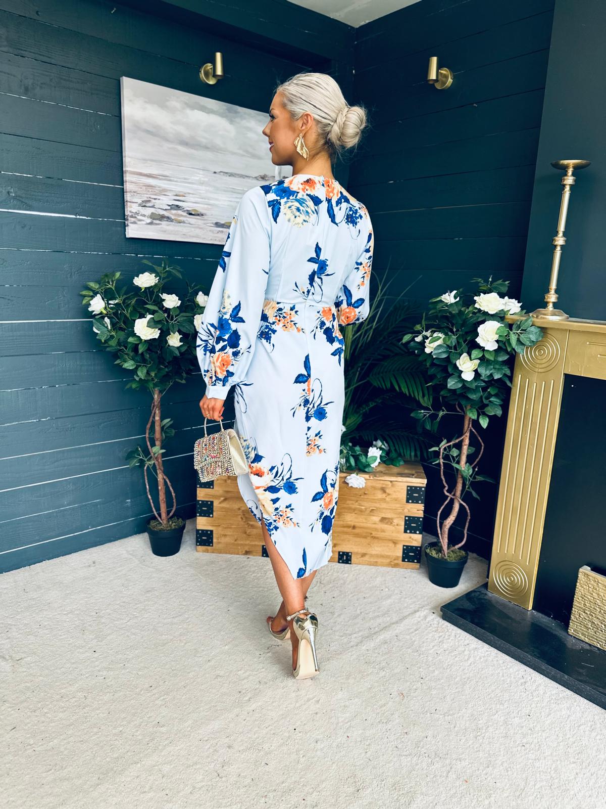 Elsa Detailed Asymmetric Dress Floral Sky Blue