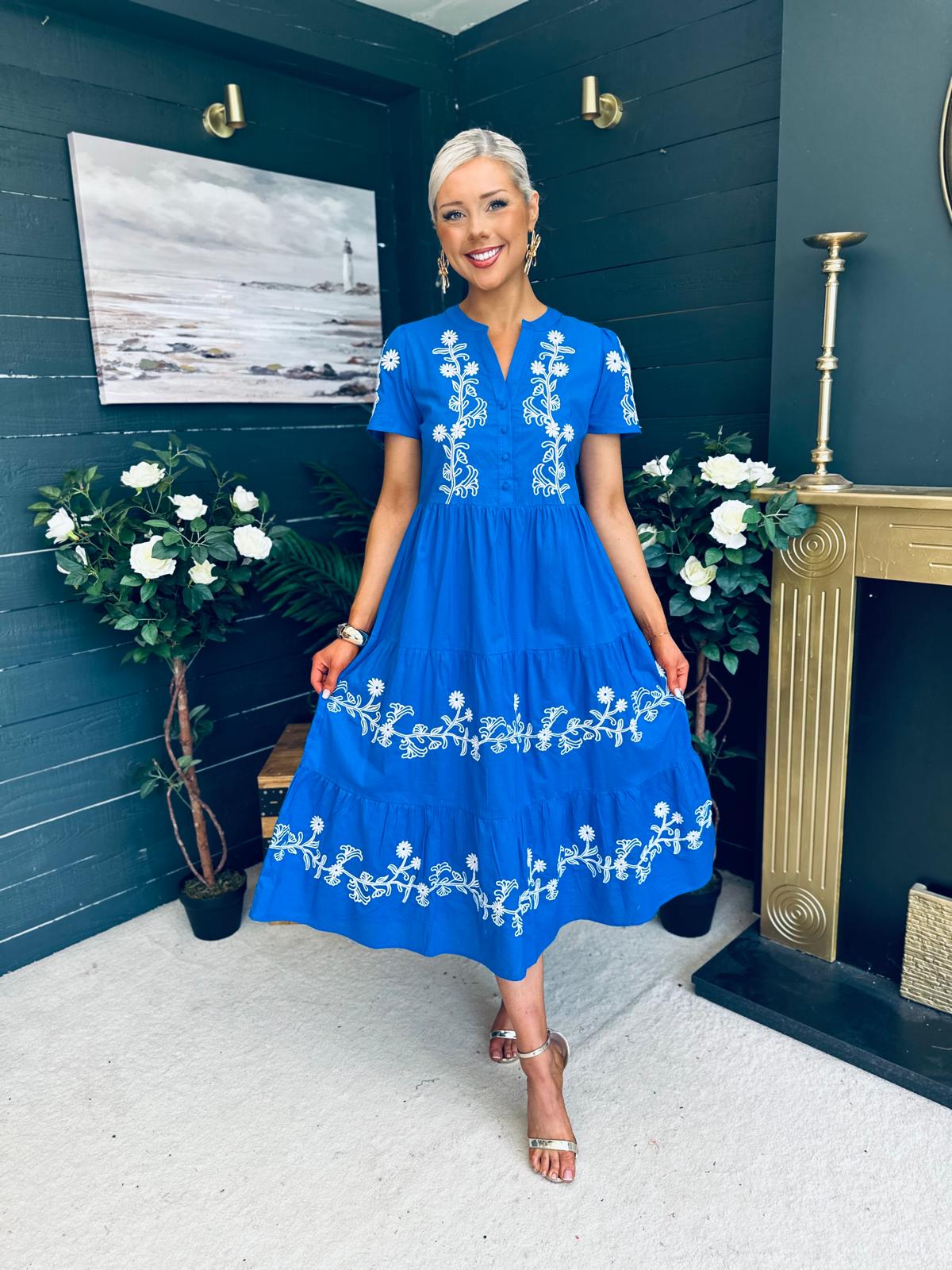 Arina Embroidered Puff Sleeve V Neck Midi Dress