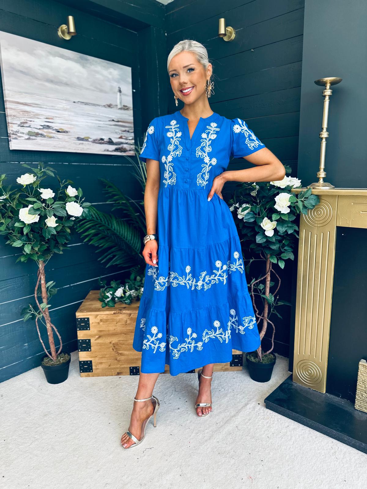 Arina Embroidered Puff Sleeve V Neck Midi Dress