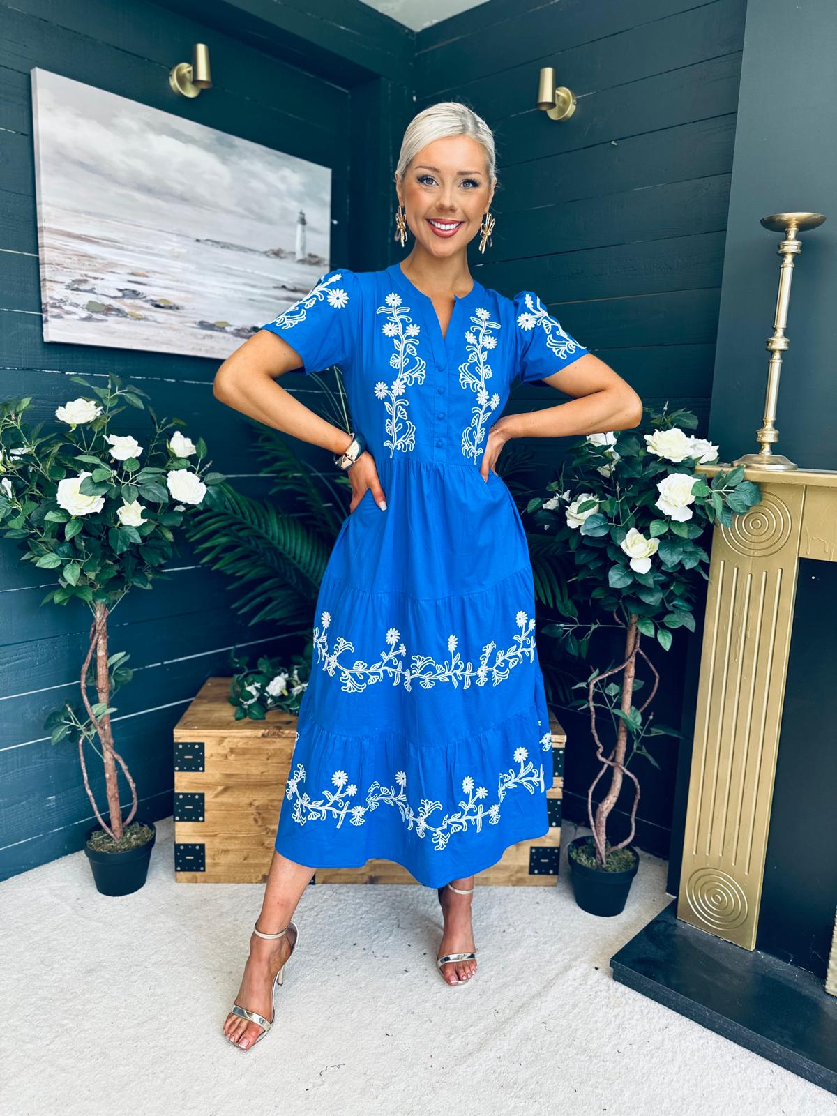Arina Embroidered Puff Sleeve V Neck Midi Dress