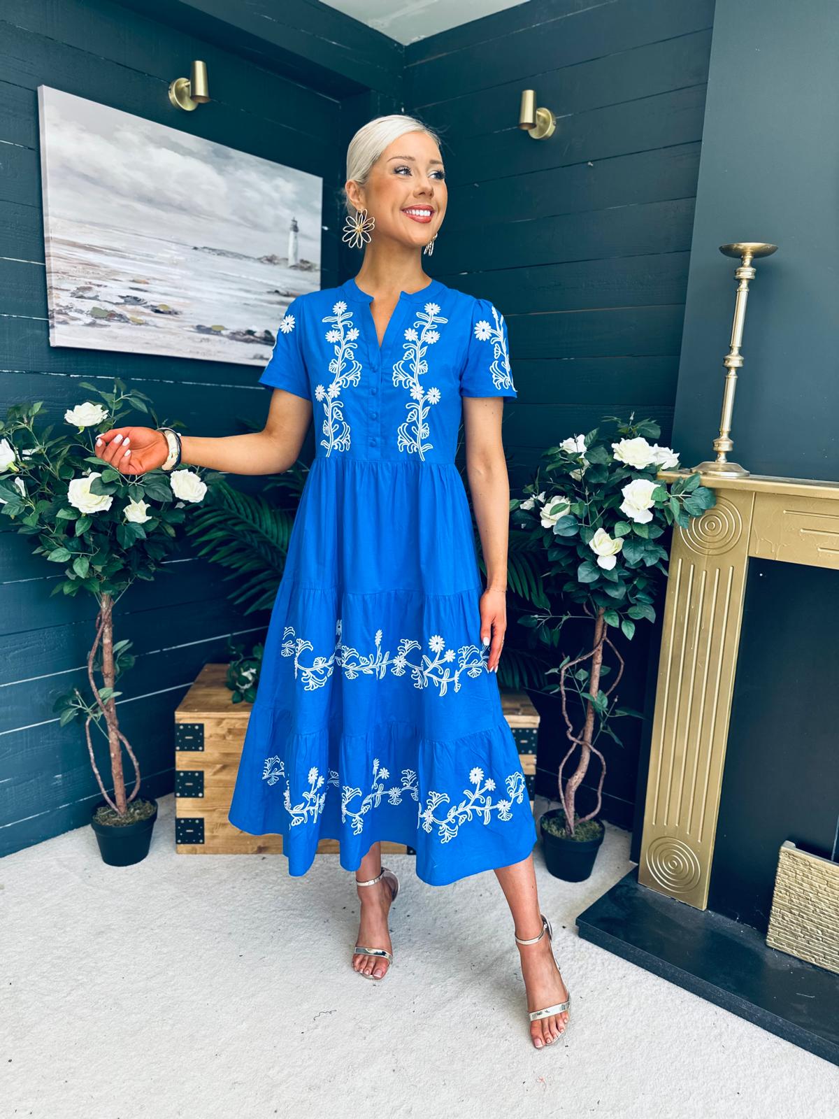Arina Embroidered Puff Sleeve V Neck Midi Dress