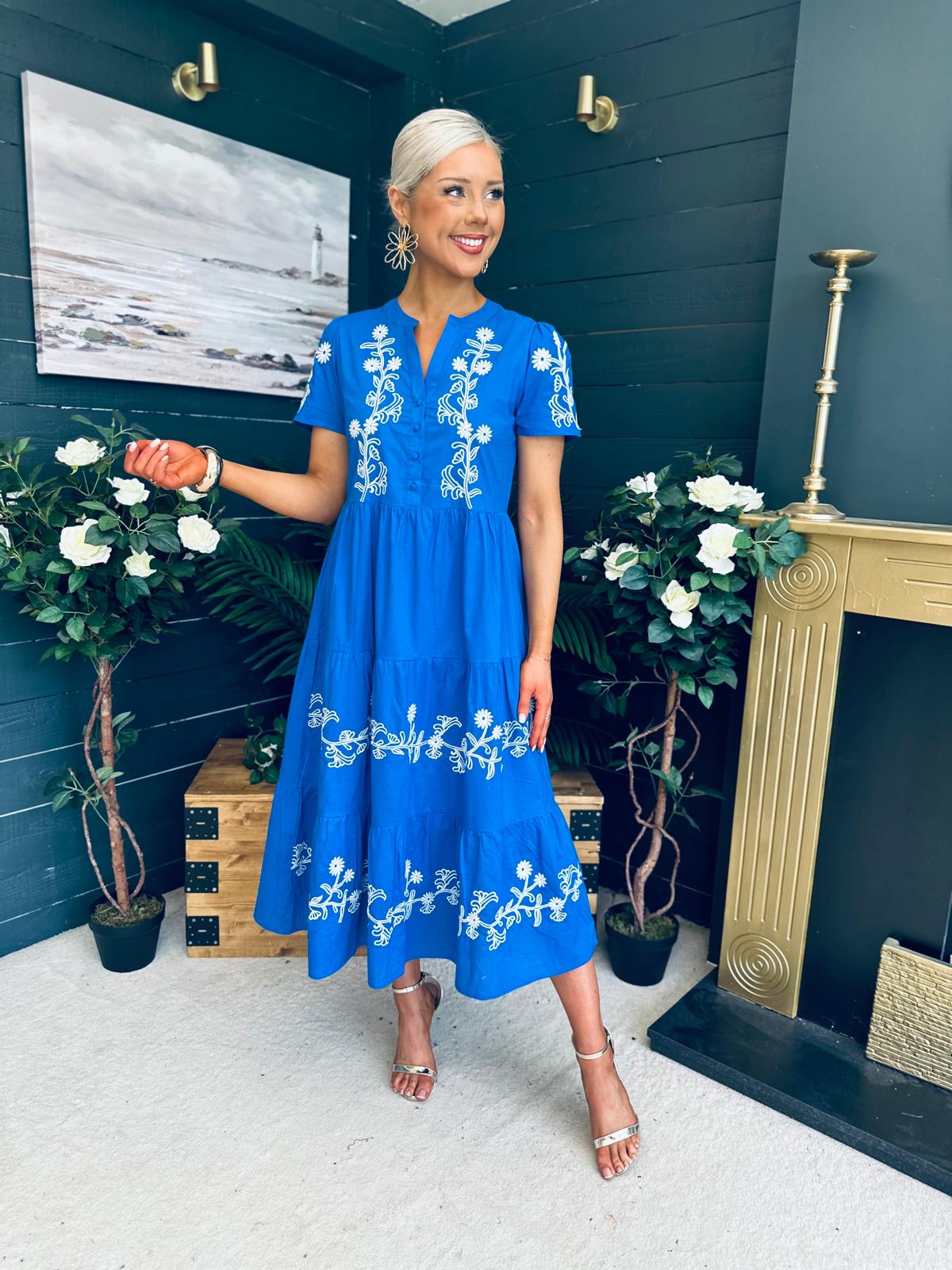 Arina Embroidered Puff Sleeve V Neck Midi Dress