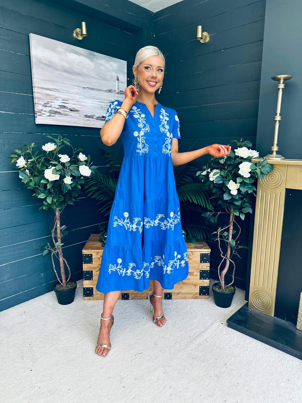 Arina Embroidered Puff Sleeve V Neck Midi Dress