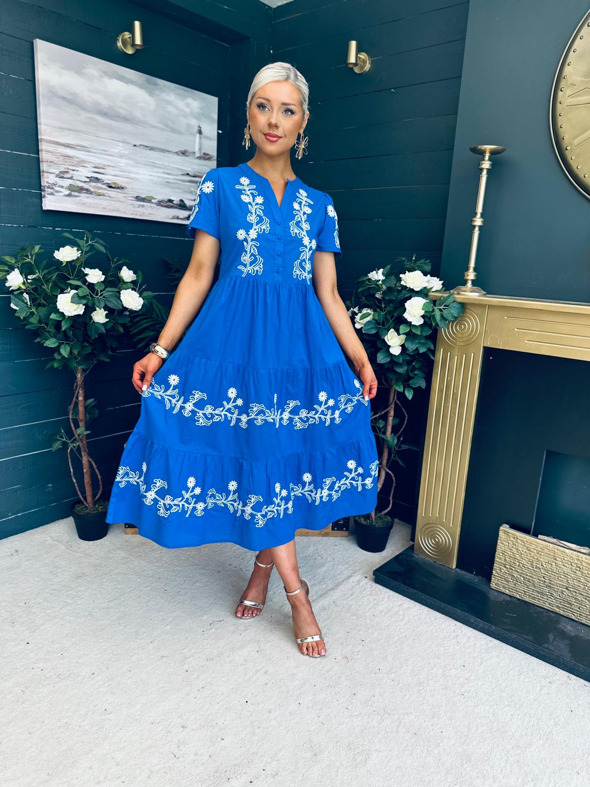 Arina Embroidered Puff Sleeve V Neck Midi Dress
