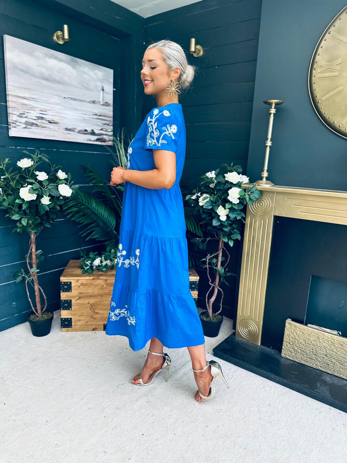 Arina Embroidered Puff Sleeve V Neck Midi Dress