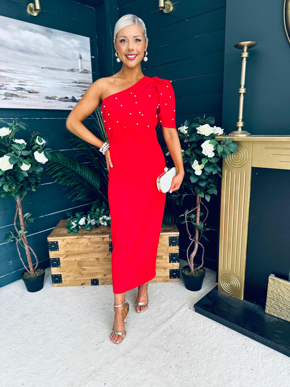 April Pearl Embellished Occasion Midi Dress Red