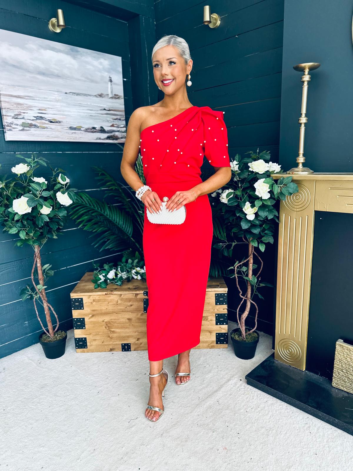 April Pearl Embellished Occasion Midi Dress Red