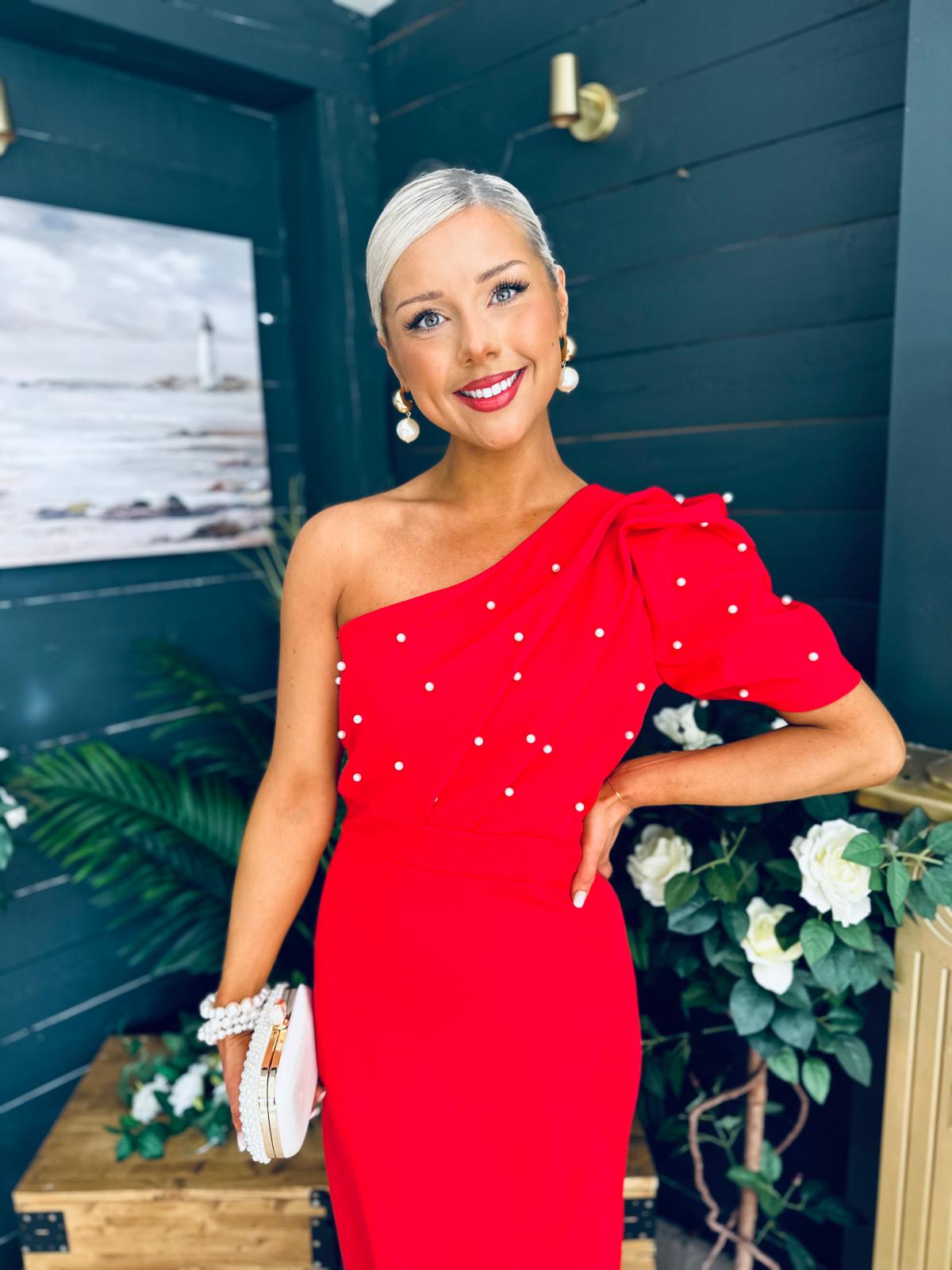 April Pearl Embellished Occasion Midi Dress Red