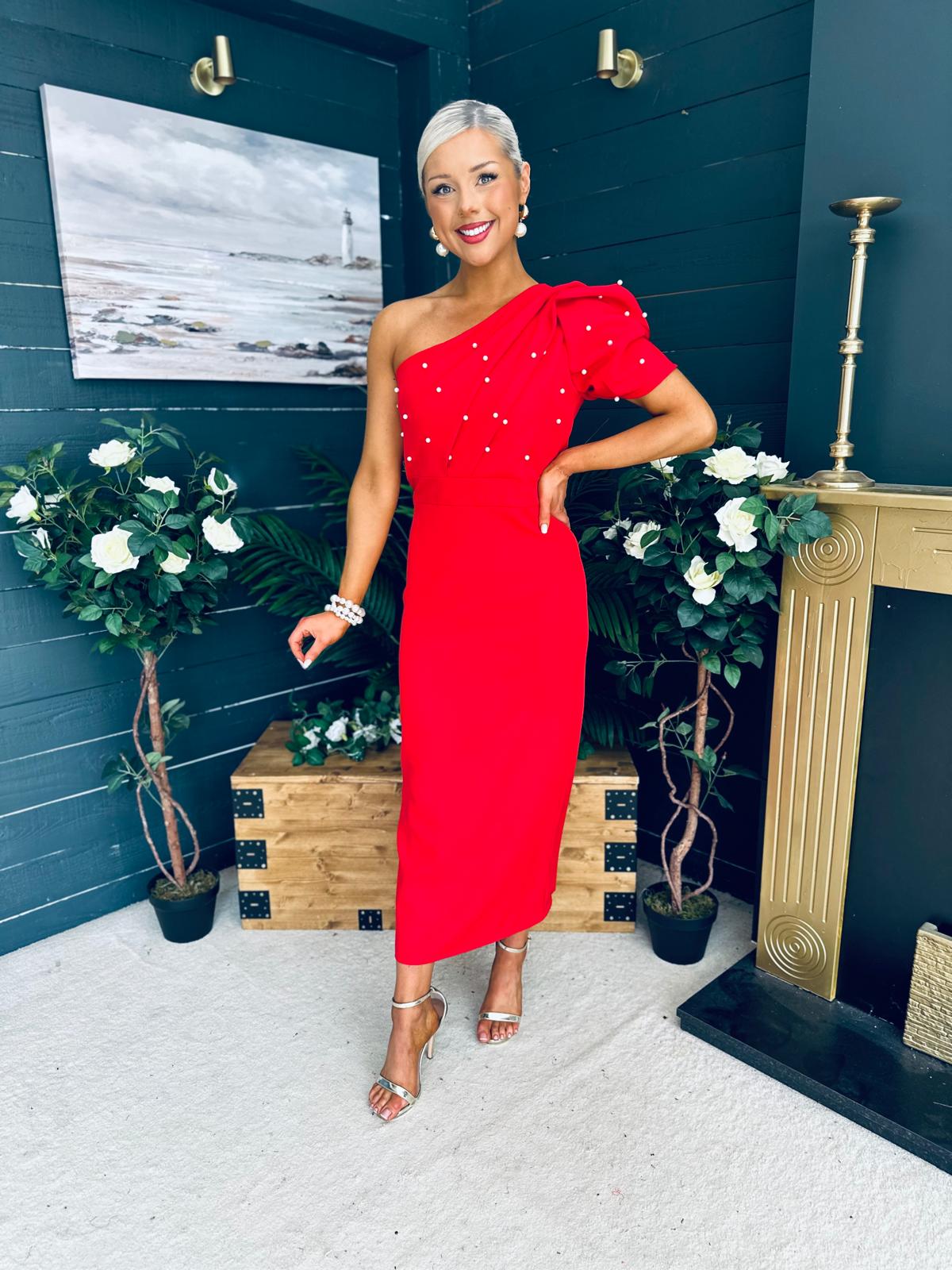 April Pearl Embellished Occasion Midi Dress Red
