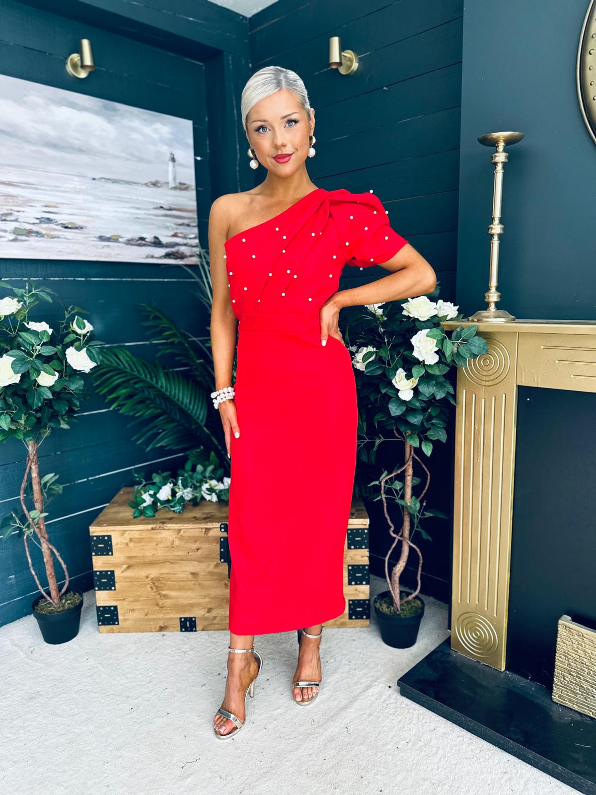 April Pearl Embellished Occasion Midi Dress Red