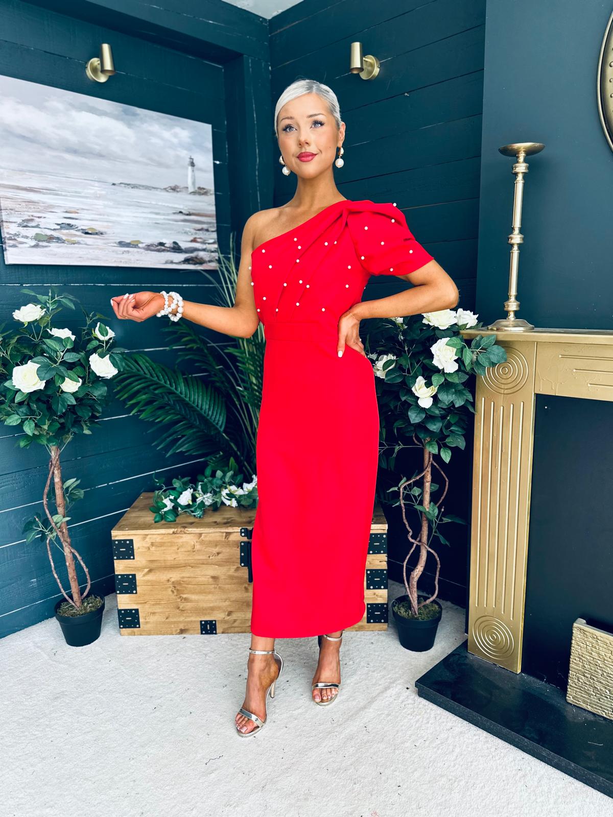 April Pearl Embellished Occasion Midi Dress Red