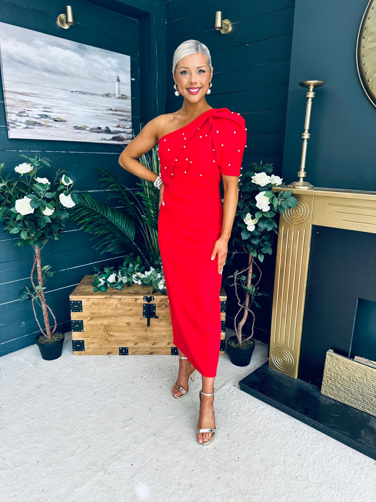 April Pearl Embellished Occasion Midi Dress Red