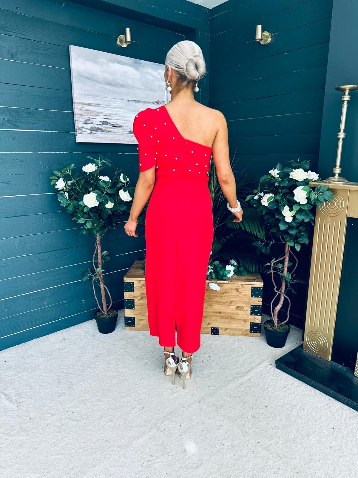 April Pearl Embellished Occasion Midi Dress Red