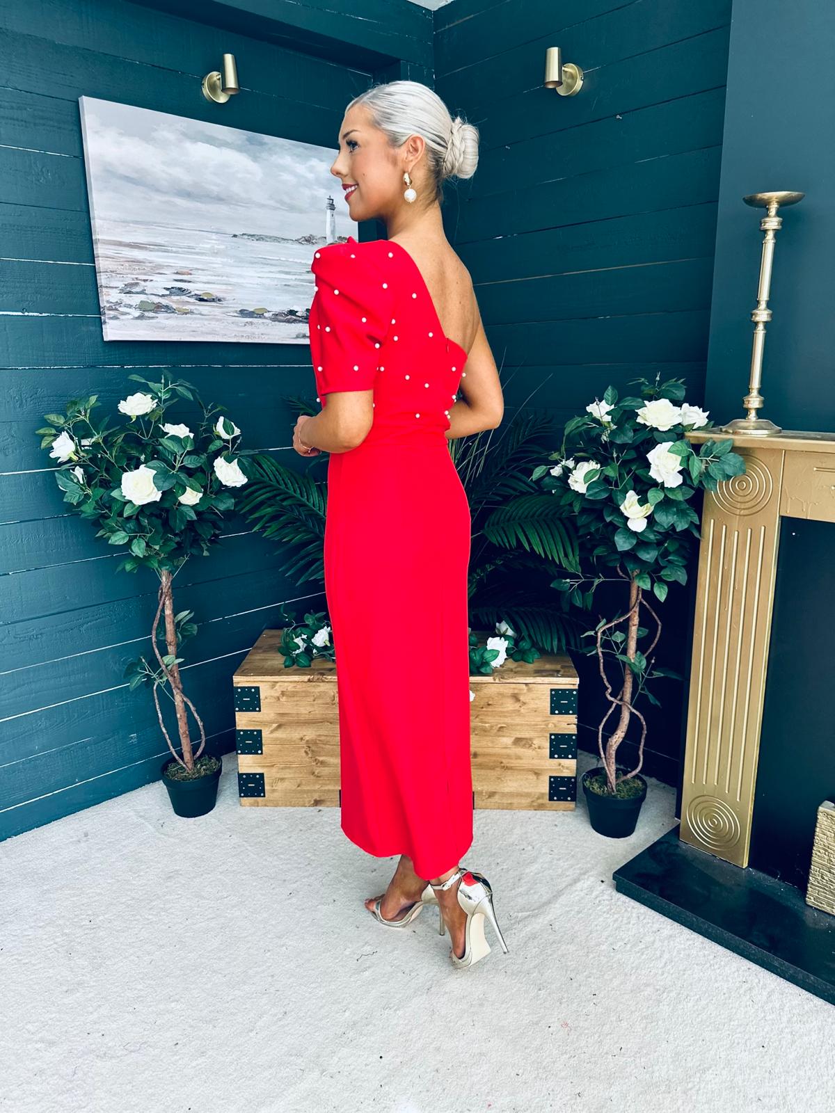 April Pearl Embellished Occasion Midi Dress Red