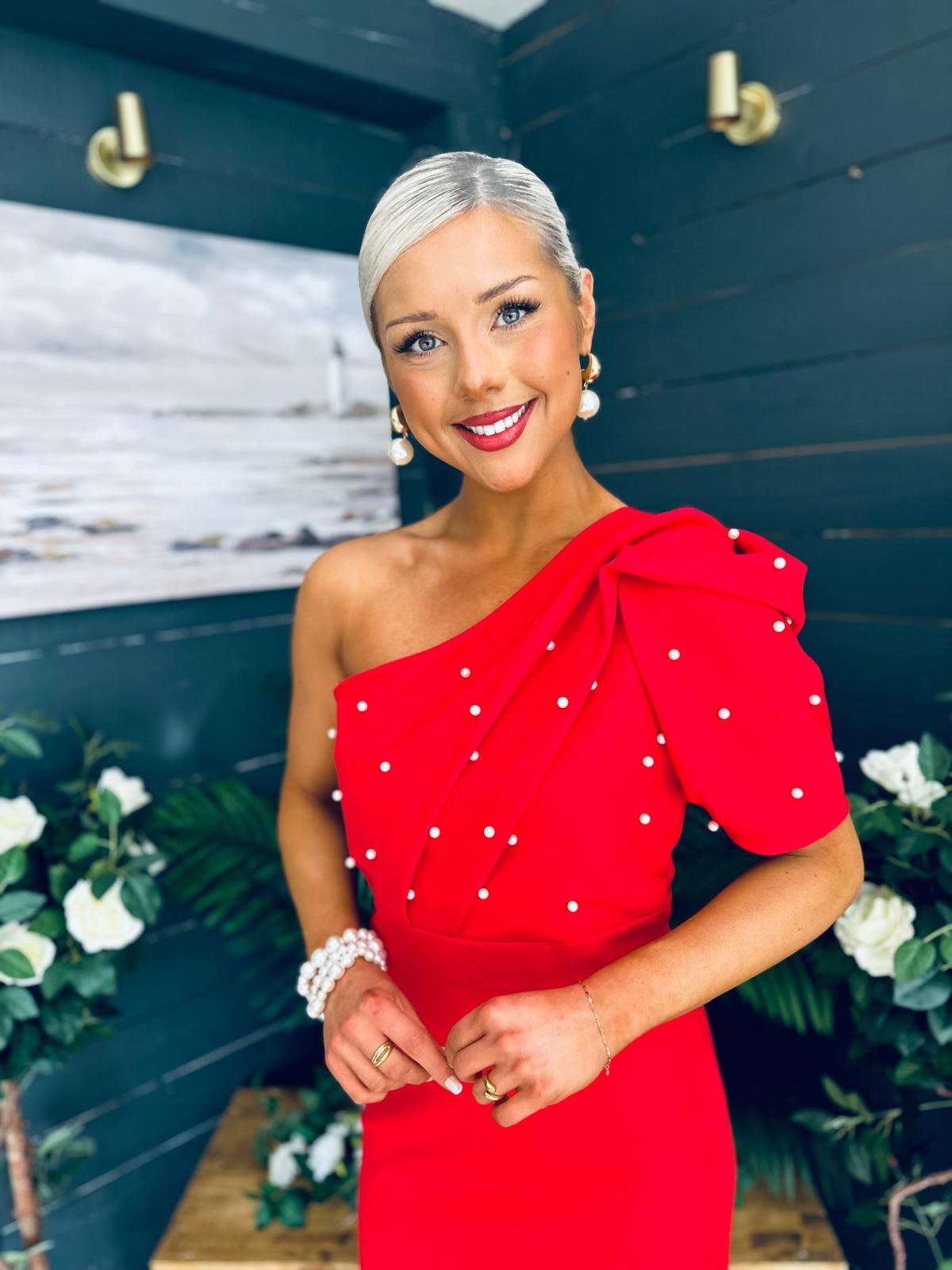 April Pearl Embellished Occasion Midi Dress Red