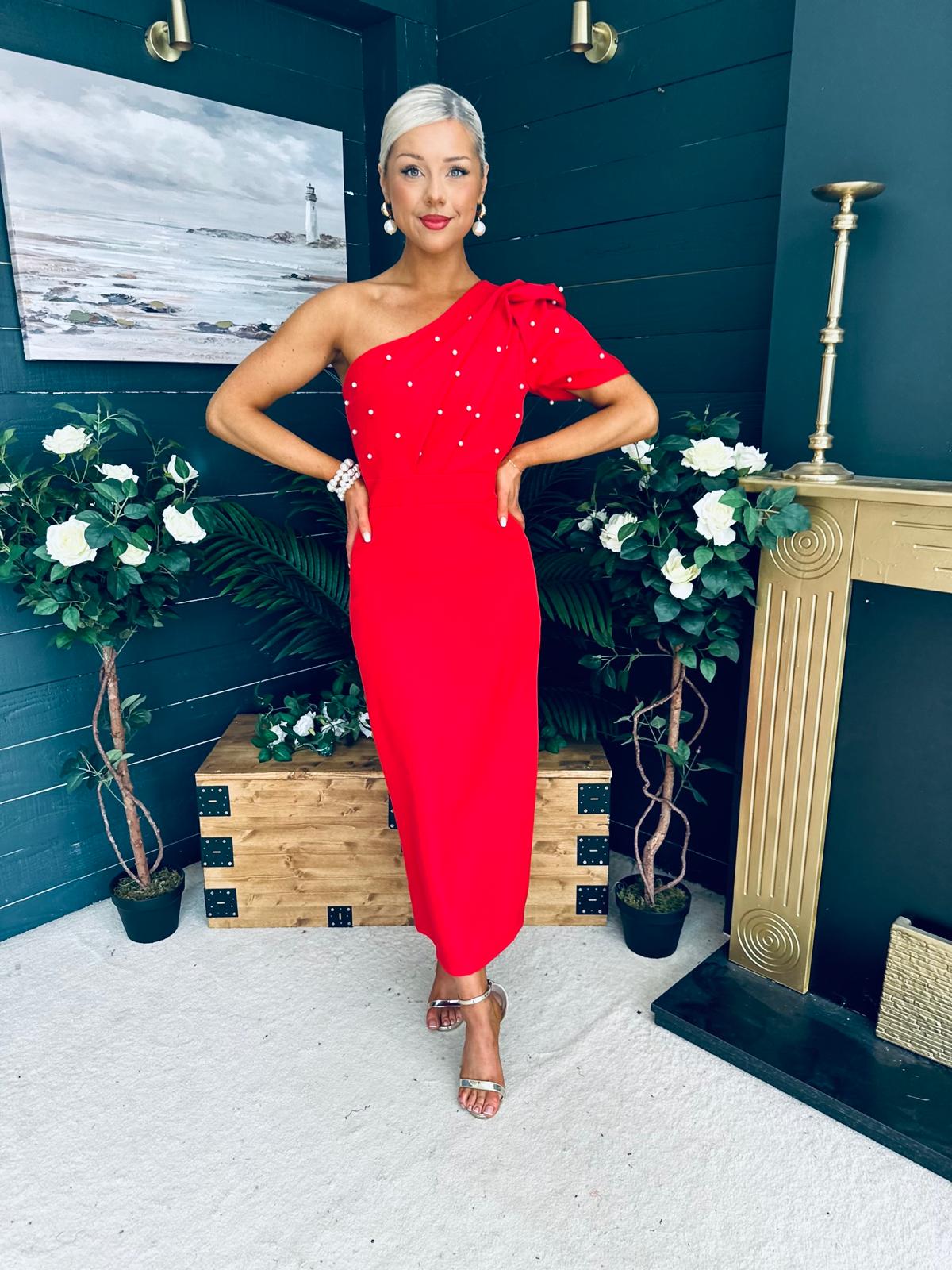 April Pearl Embellished Occasion Midi Dress Red