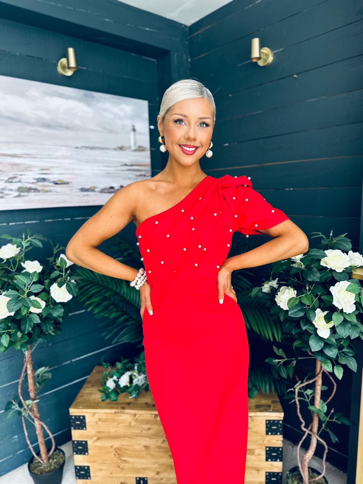 April Pearl Embellished Occasion Midi Dress Red