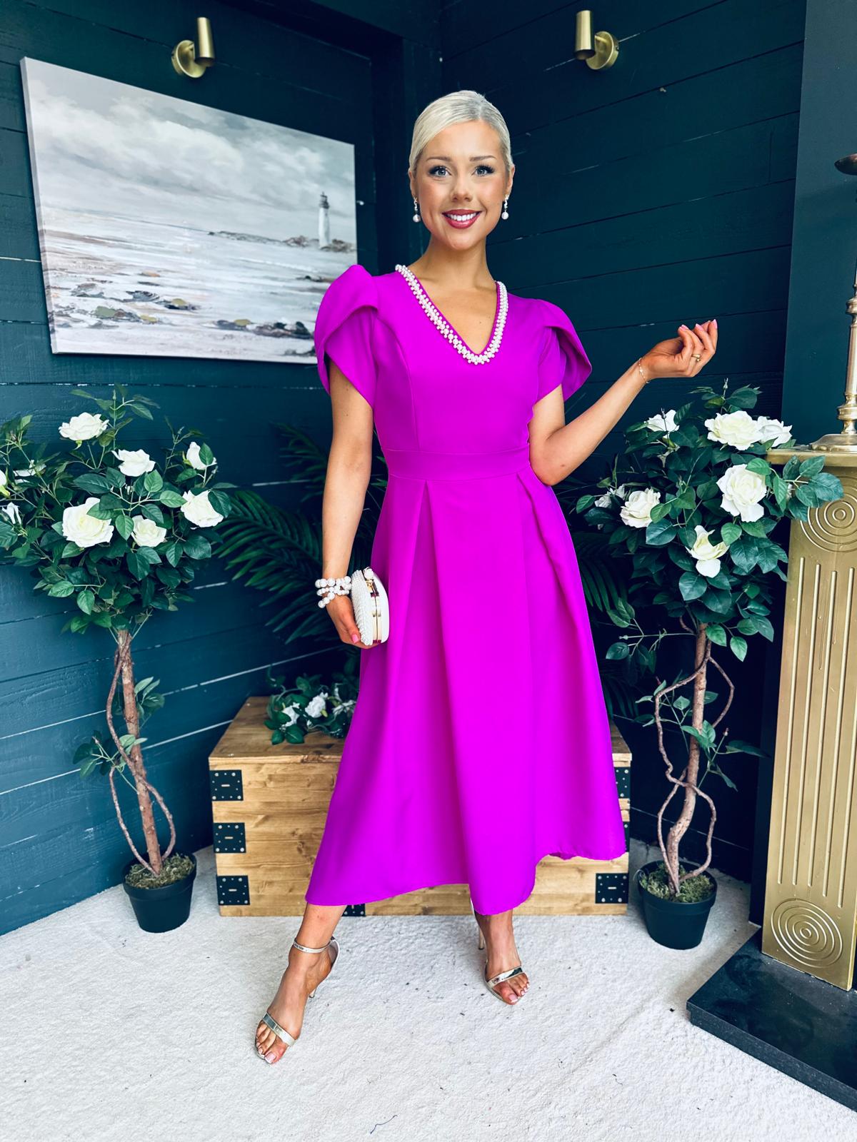 Penelope Pearl Detail Occasion Dress Orchid