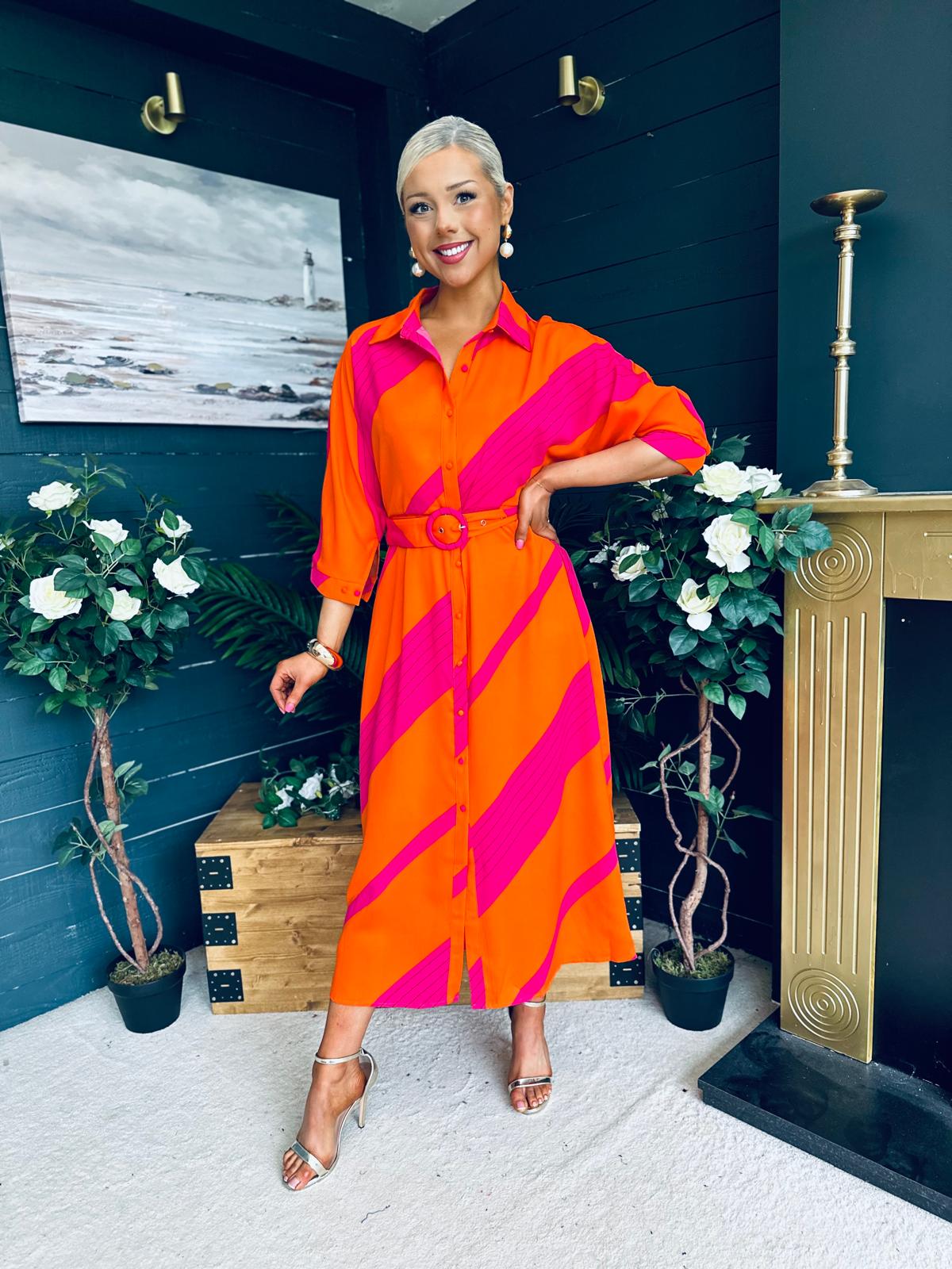 Adrian Belted Shirt Dress Orange & Pink