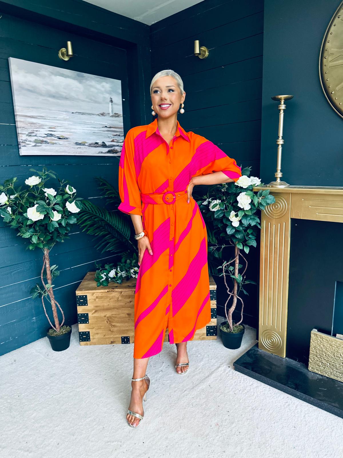 Adrian Belted Shirt Dress Orange & Pink