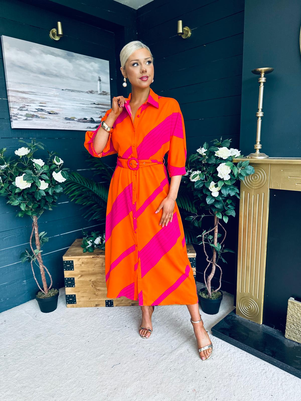 Adrian Belted Shirt Dress Orange & Pink
