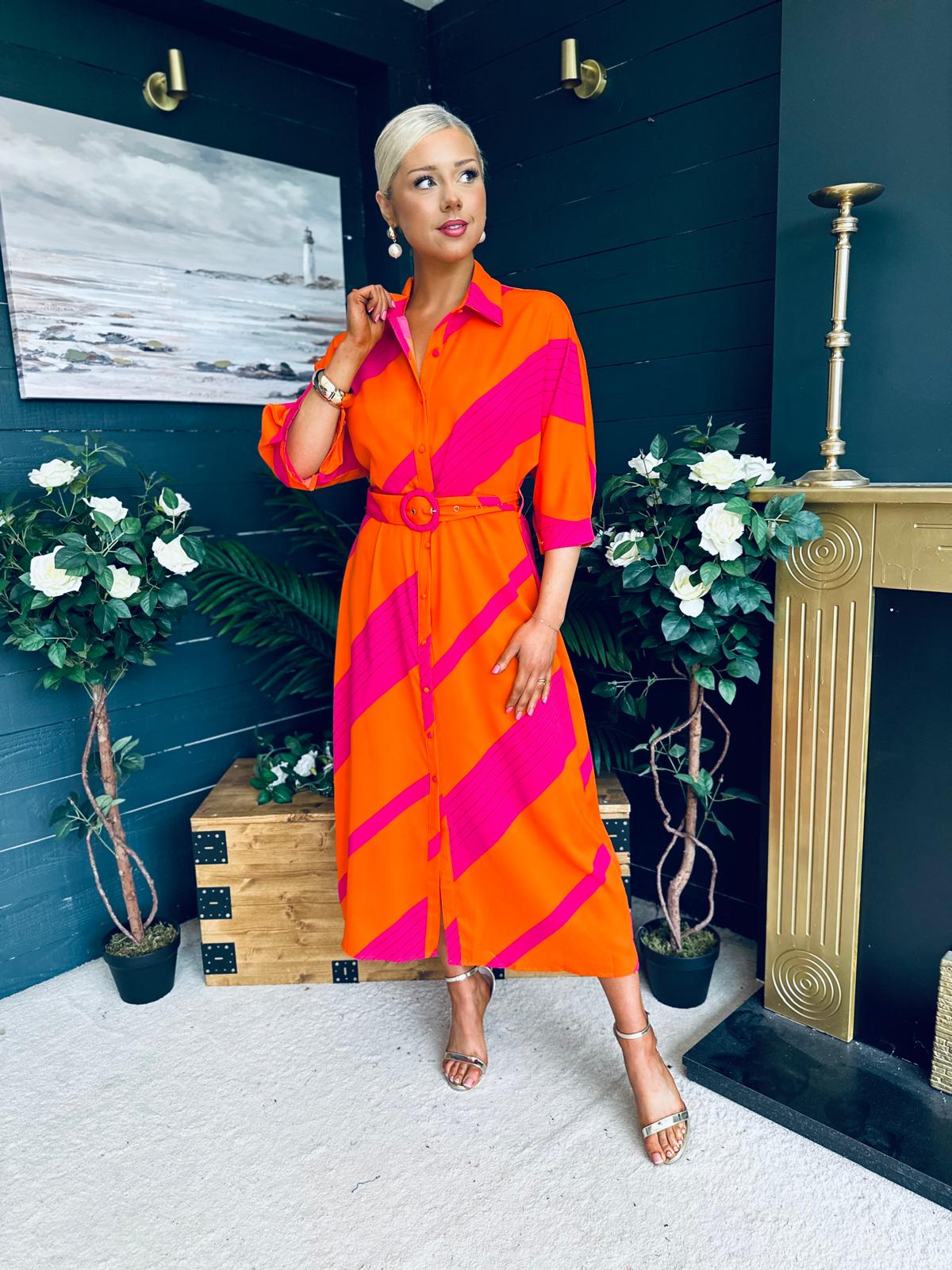 Adrian Belted Shirt Dress Orange & Pink
