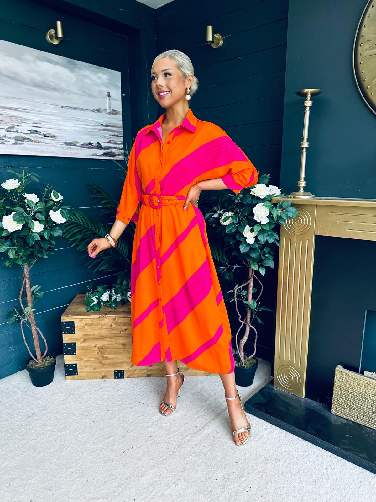 Adrian Belted Shirt Dress Orange & Pink
