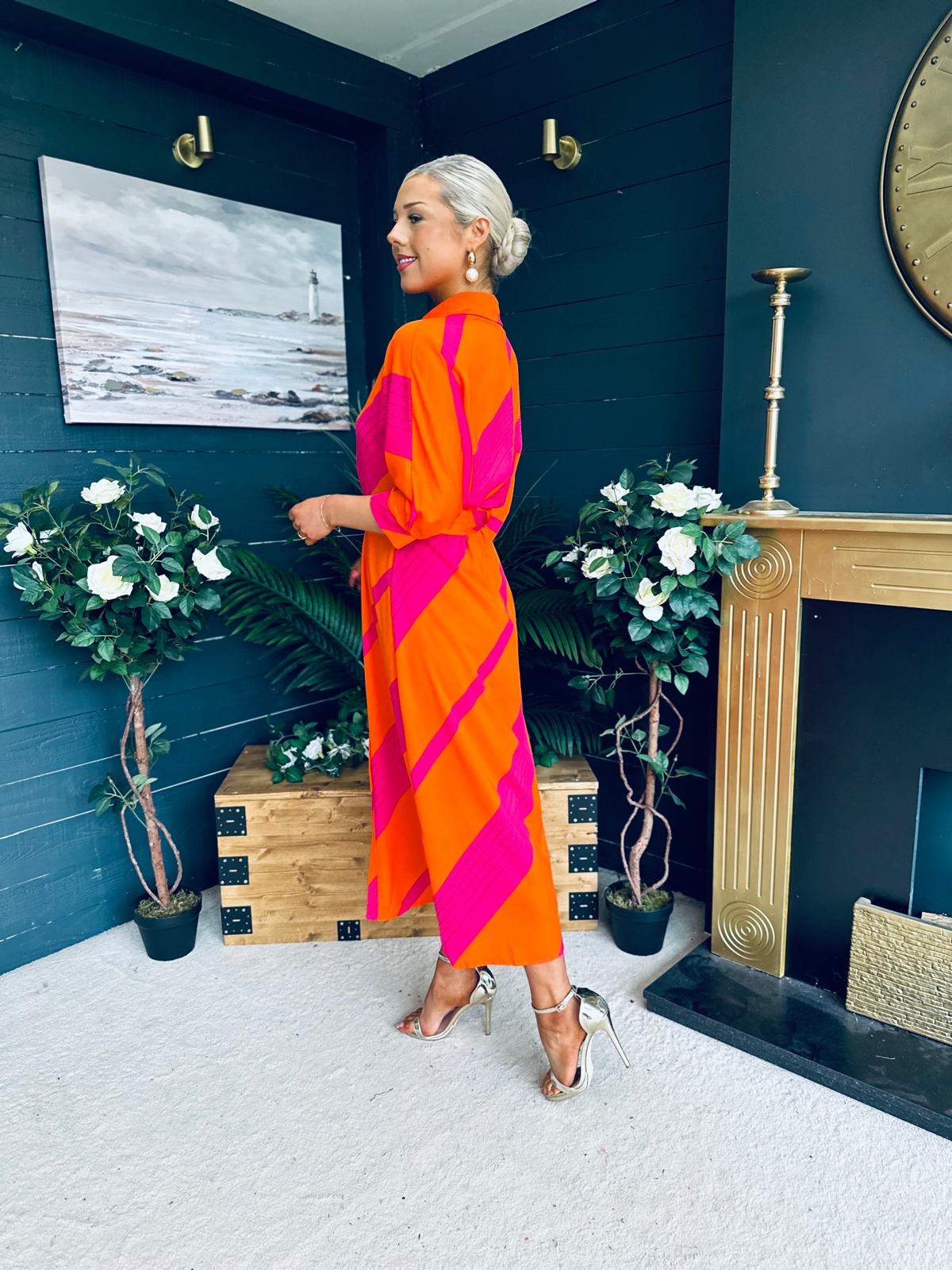 Adrian Belted Shirt Dress Orange & Pink