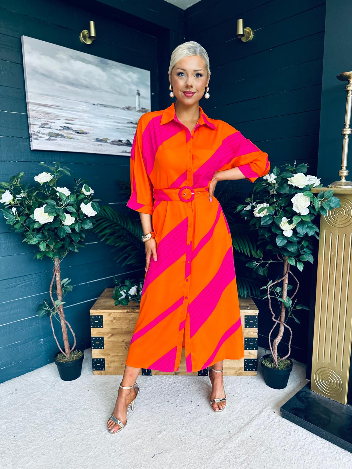 Adrian Belted Shirt Dress Orange & Pink