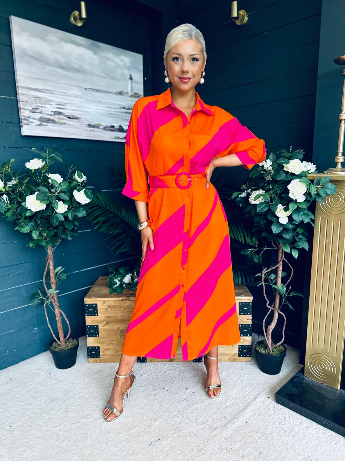 Adrian Belted Shirt Dress Orange & Pink