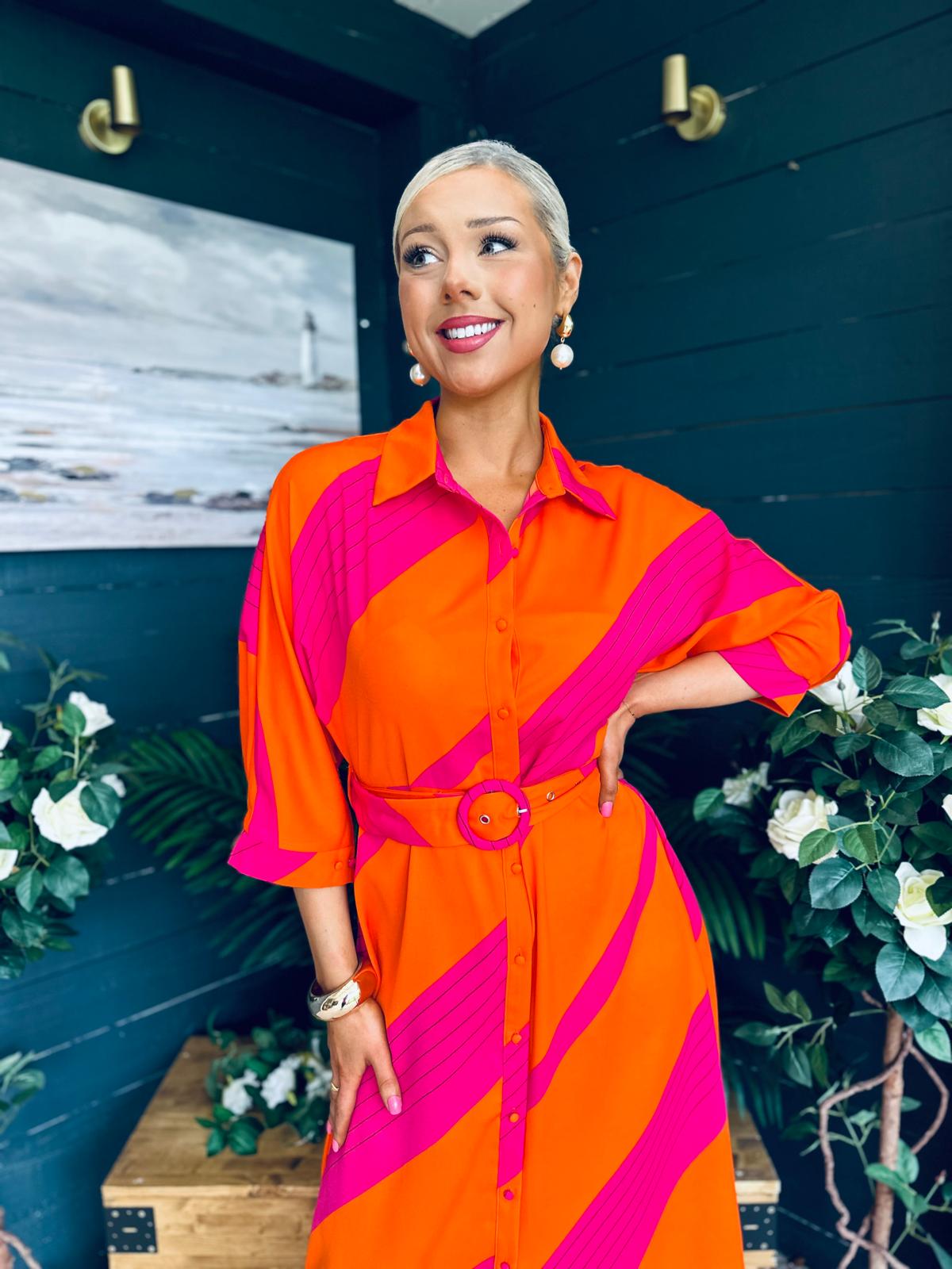 Adrian Belted Shirt Dress Orange & Pink
