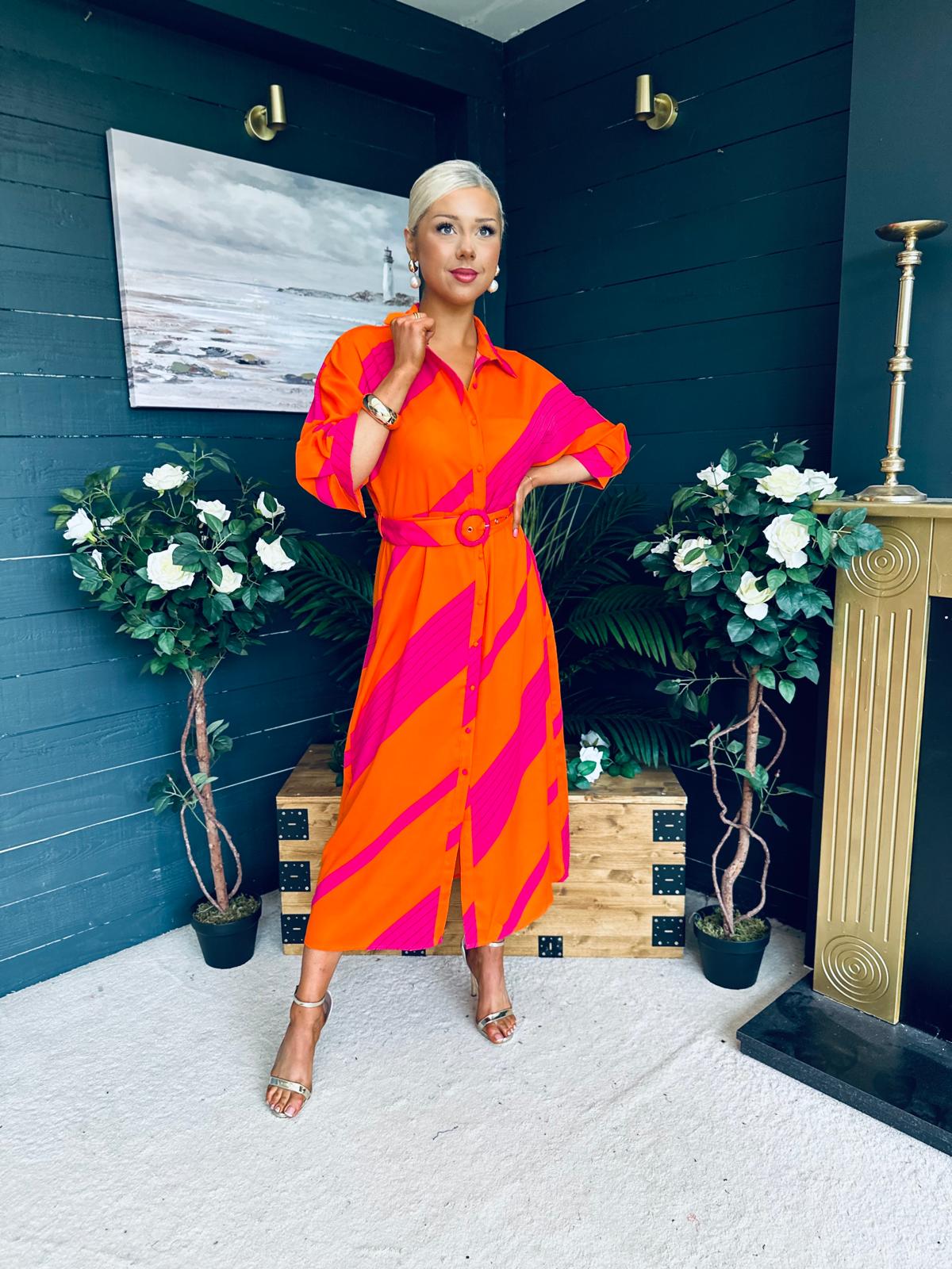 Adrian Belted Shirt Dress Orange & Pink