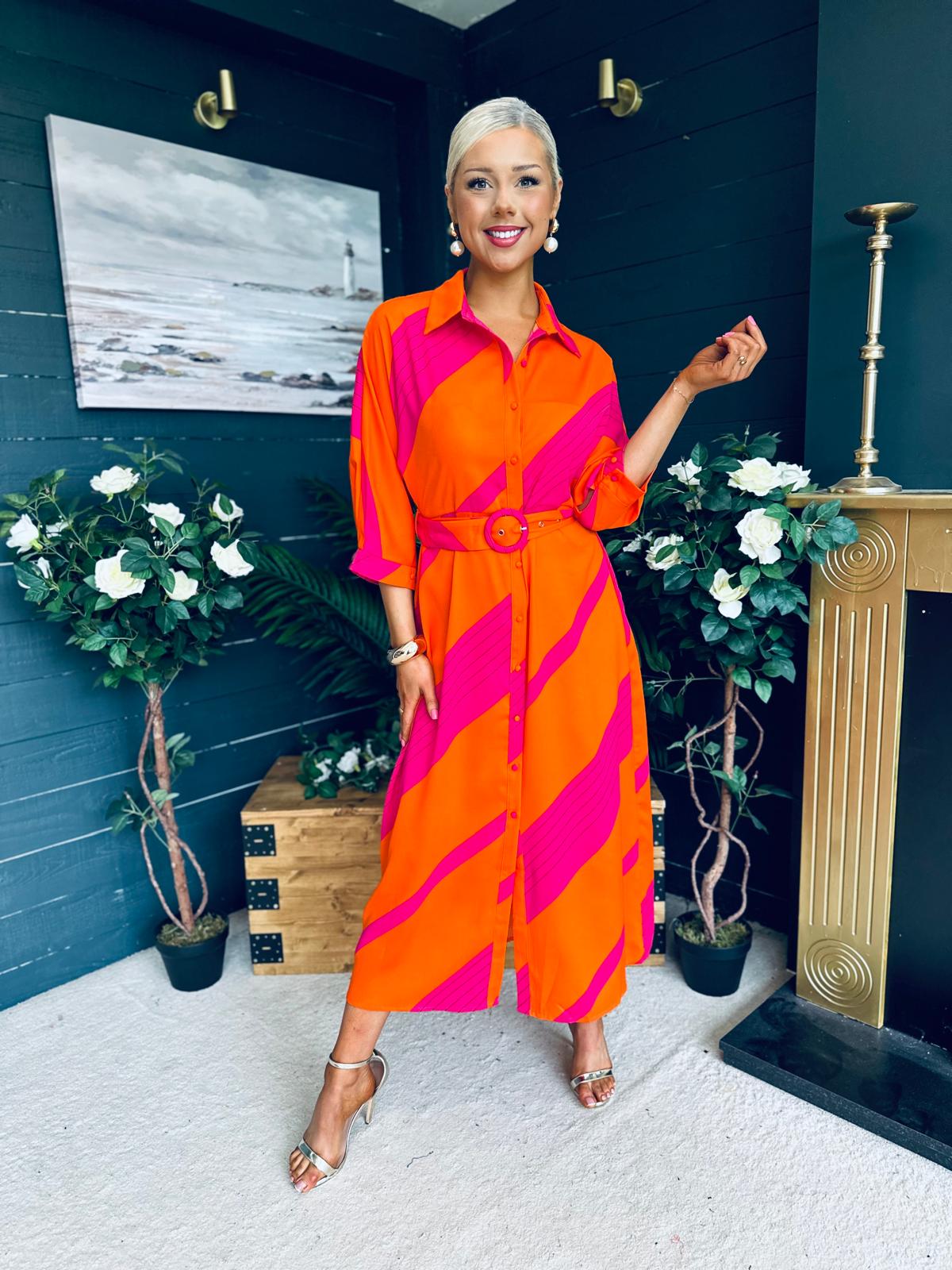 Adrian Belted Shirt Dress Orange & Pink