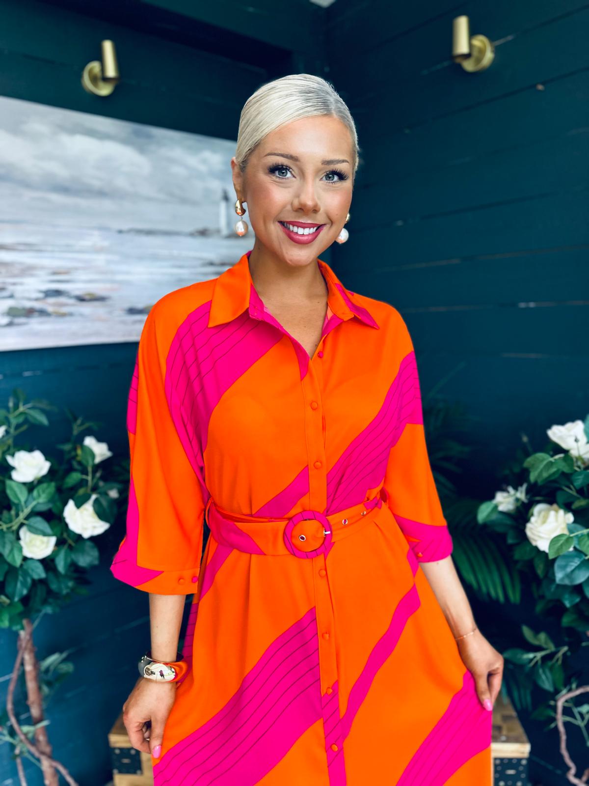 Adrian Belted Shirt Dress Orange & Pink