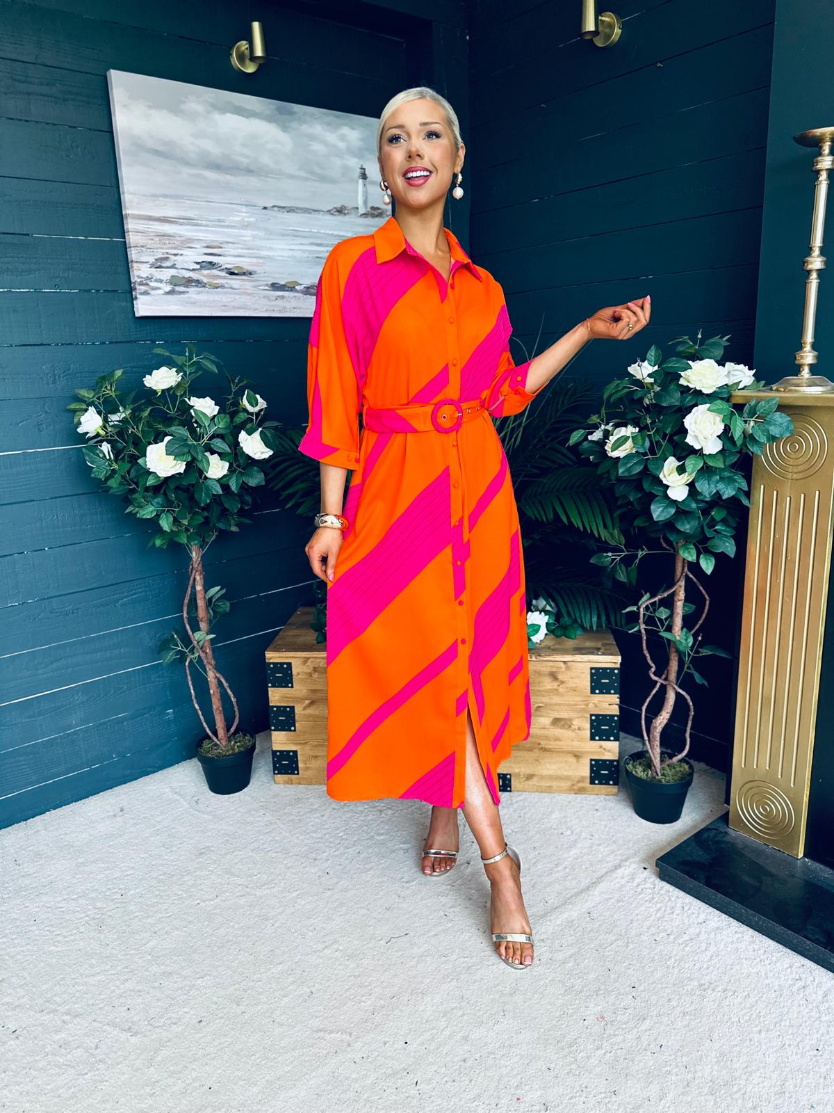 Adrian Belted Shirt Dress Orange & Pink
