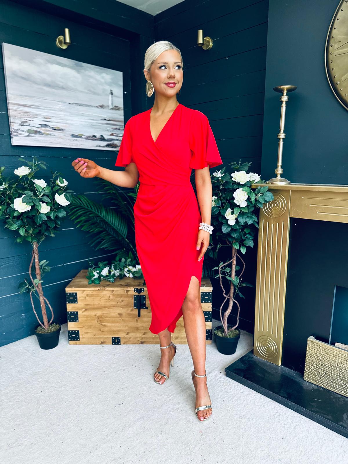 Natasha Angel Sleeve Midi Dress Red