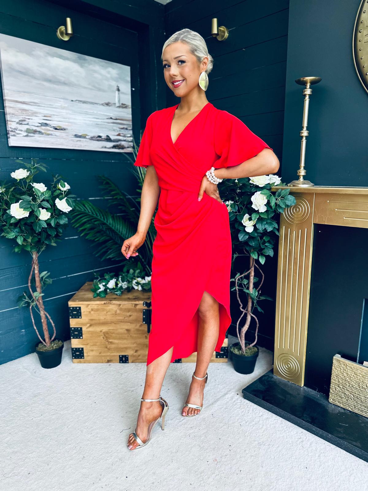 Natasha Angel Sleeve Midi Dress Red