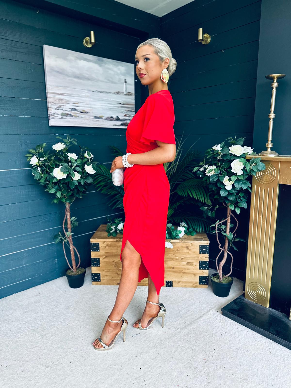 Natasha Angel Sleeve Midi Dress Red