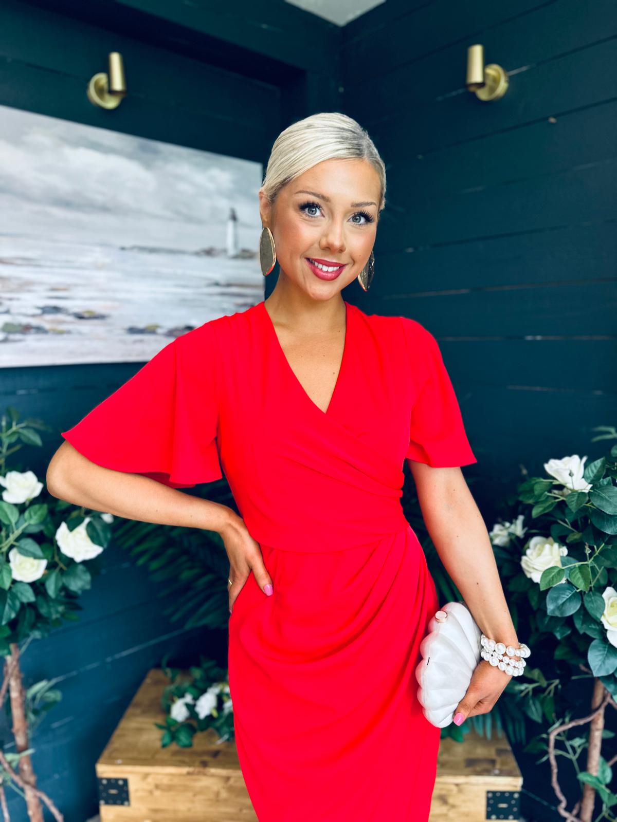 Natasha Angel Sleeve Midi Dress Red