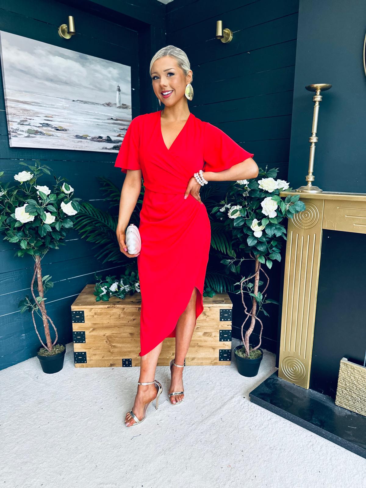 Natasha Angel Sleeve Midi Dress Red