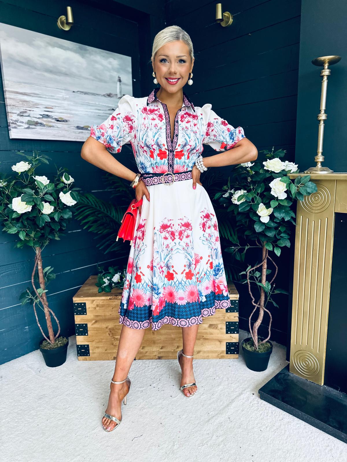 Carmen Cream Floral Border Print Midi Dress