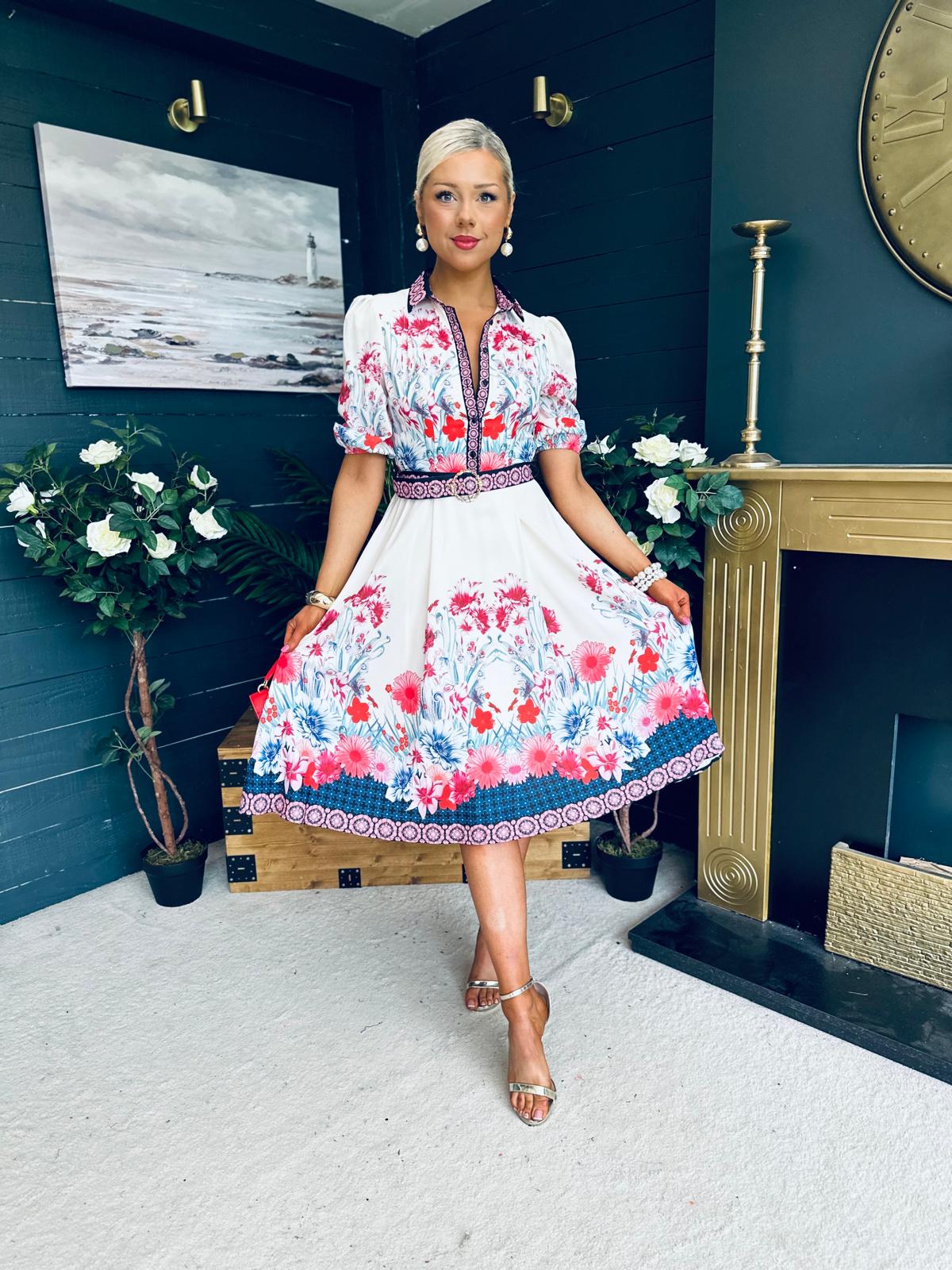 Carmen Cream Floral Border Print Midi Dress