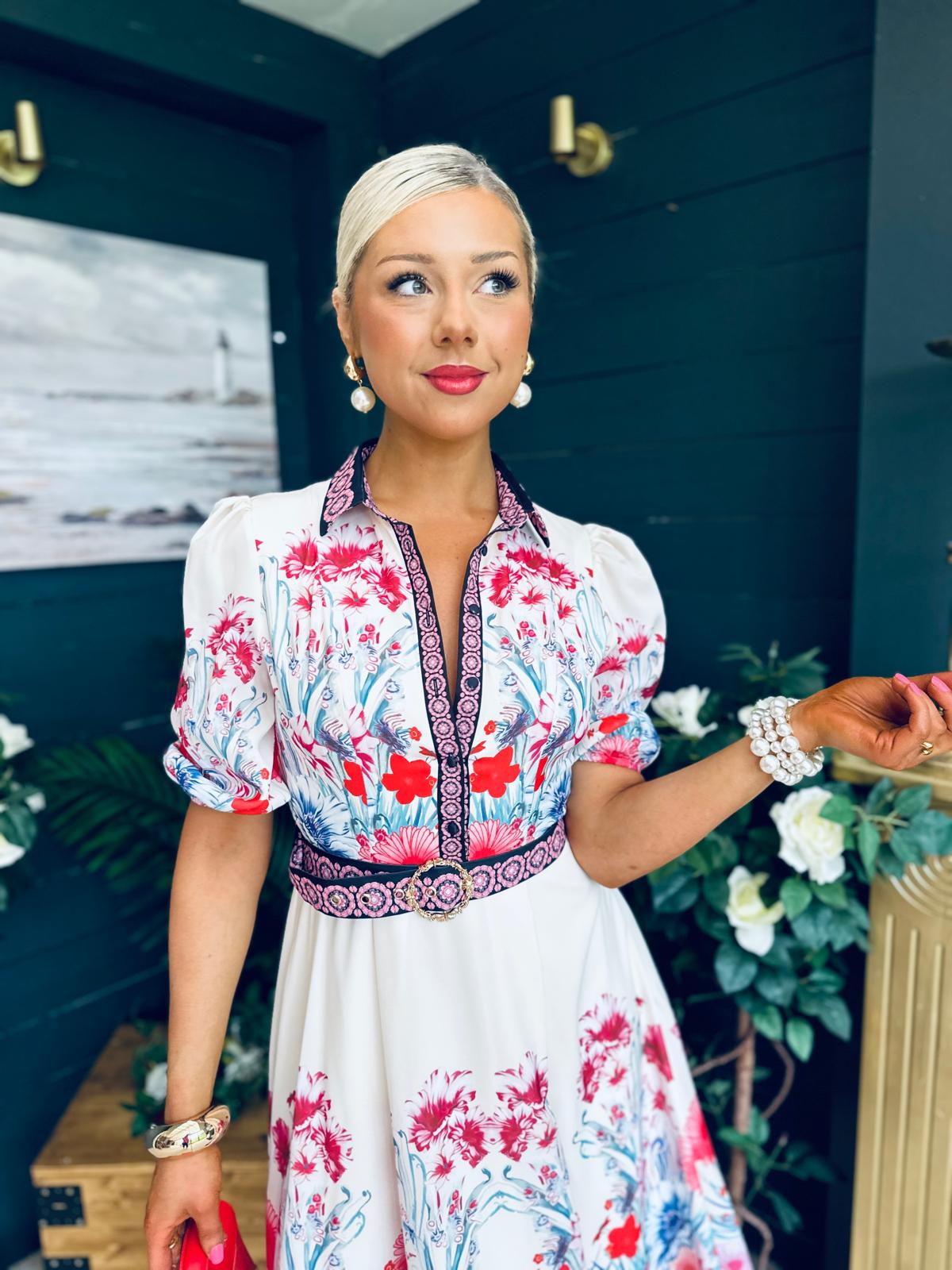 Carmen Cream Floral Border Print Midi Dress