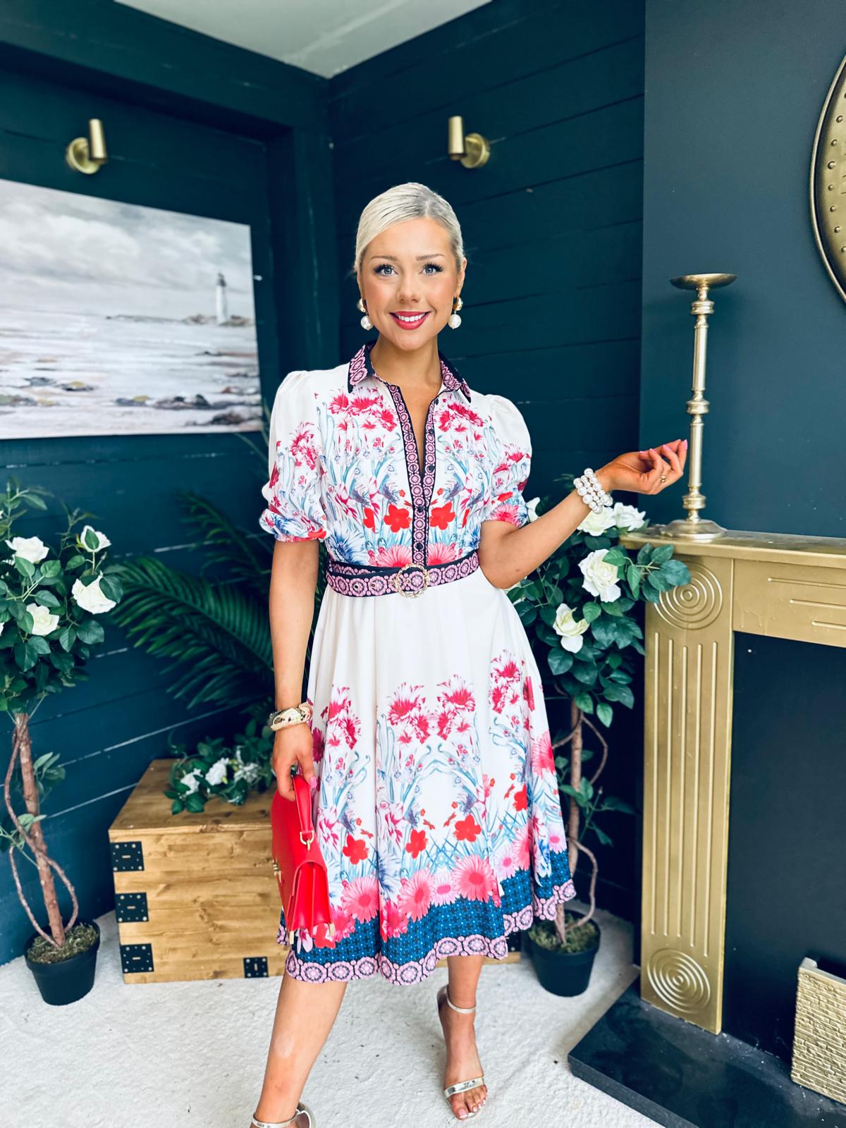 Carmen Cream Floral Border Print Midi Dress