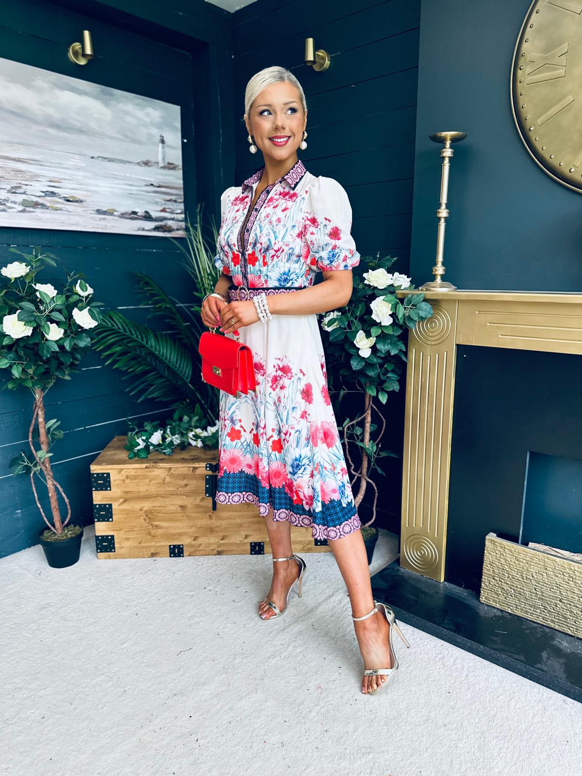Carmen Cream Floral Border Print Midi Dress