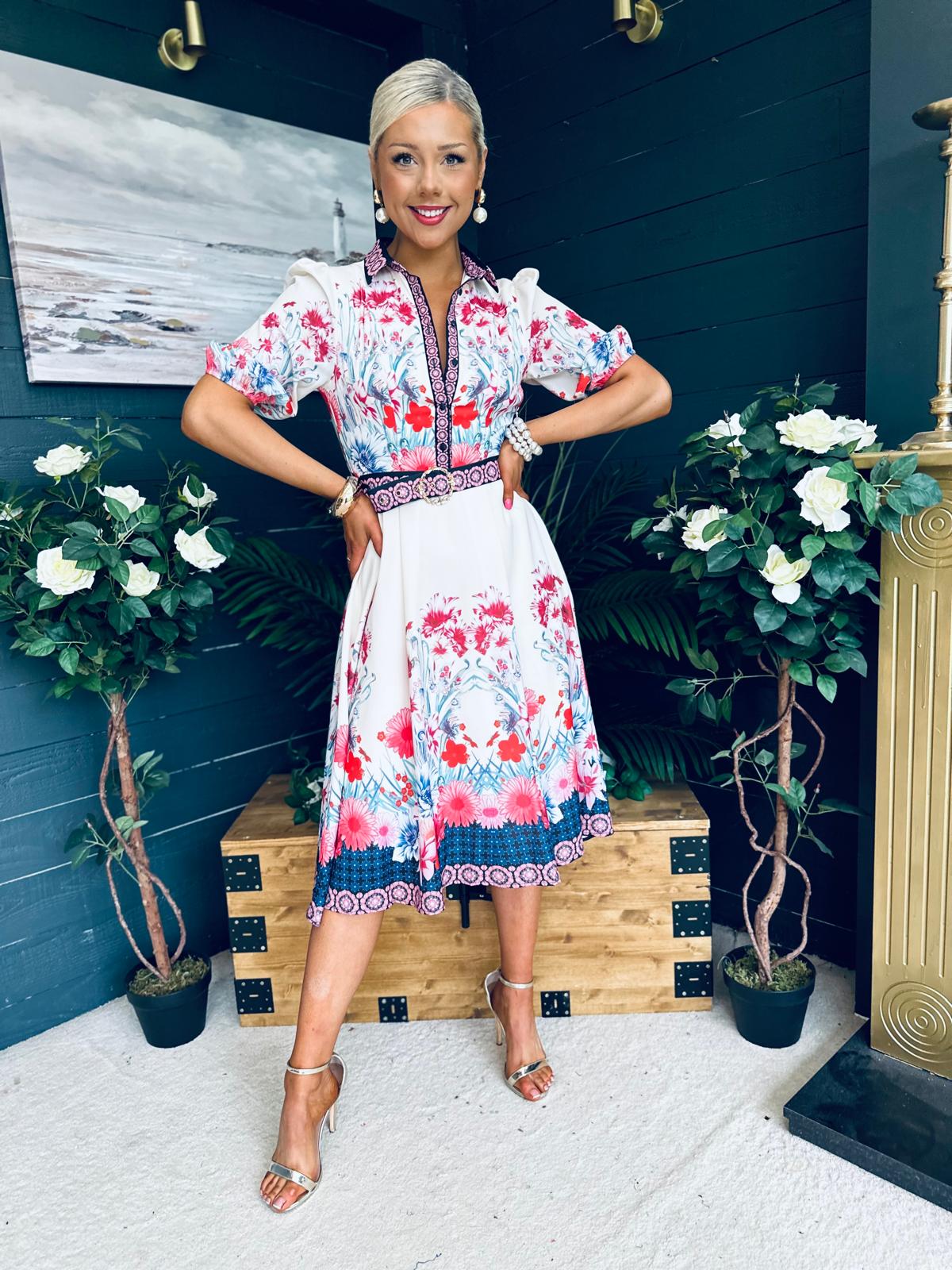 Carmen Cream Floral Border Print Midi Dress