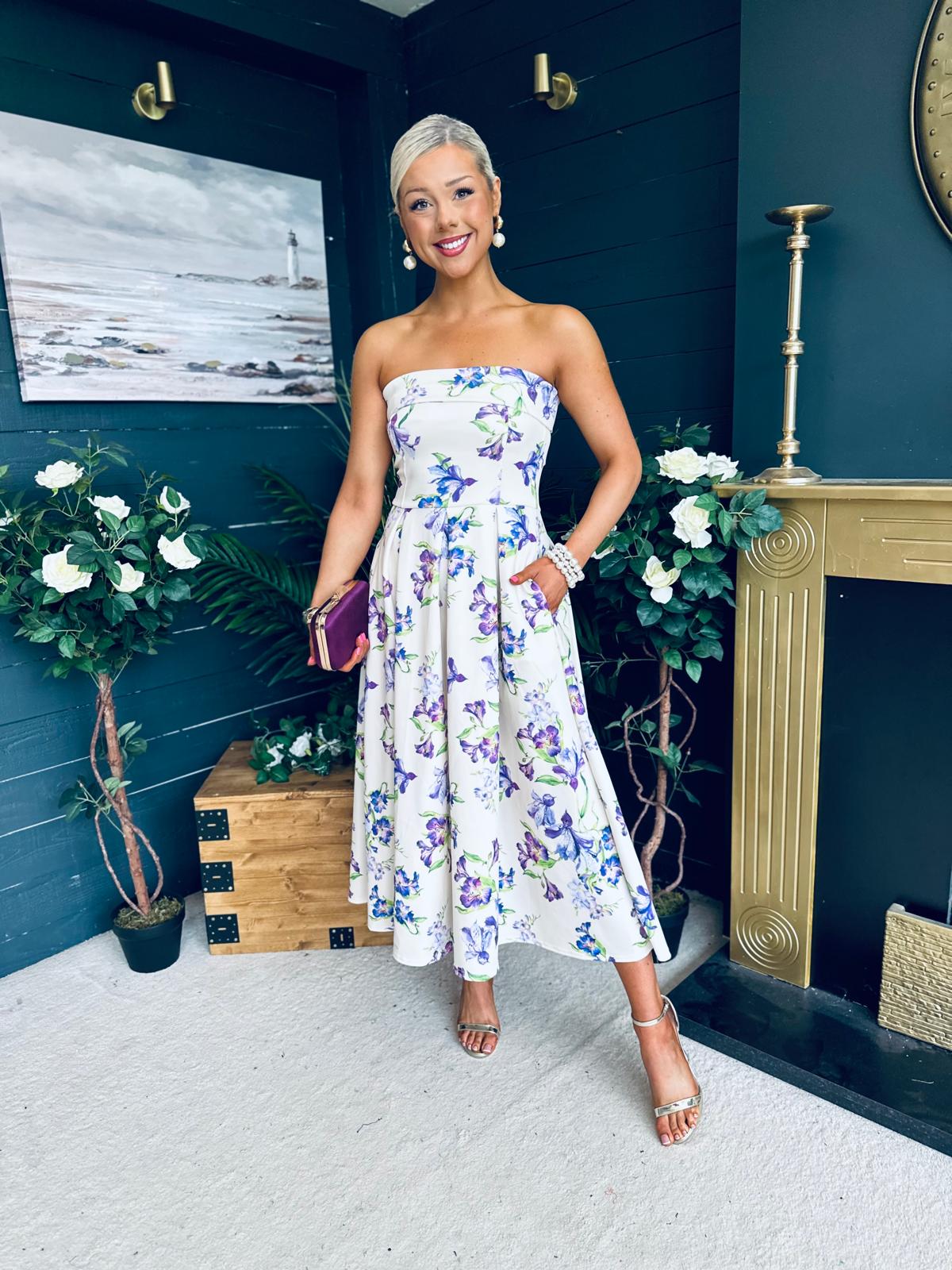 Danni Strapless Bandeau Midi Dress Yellow Floral