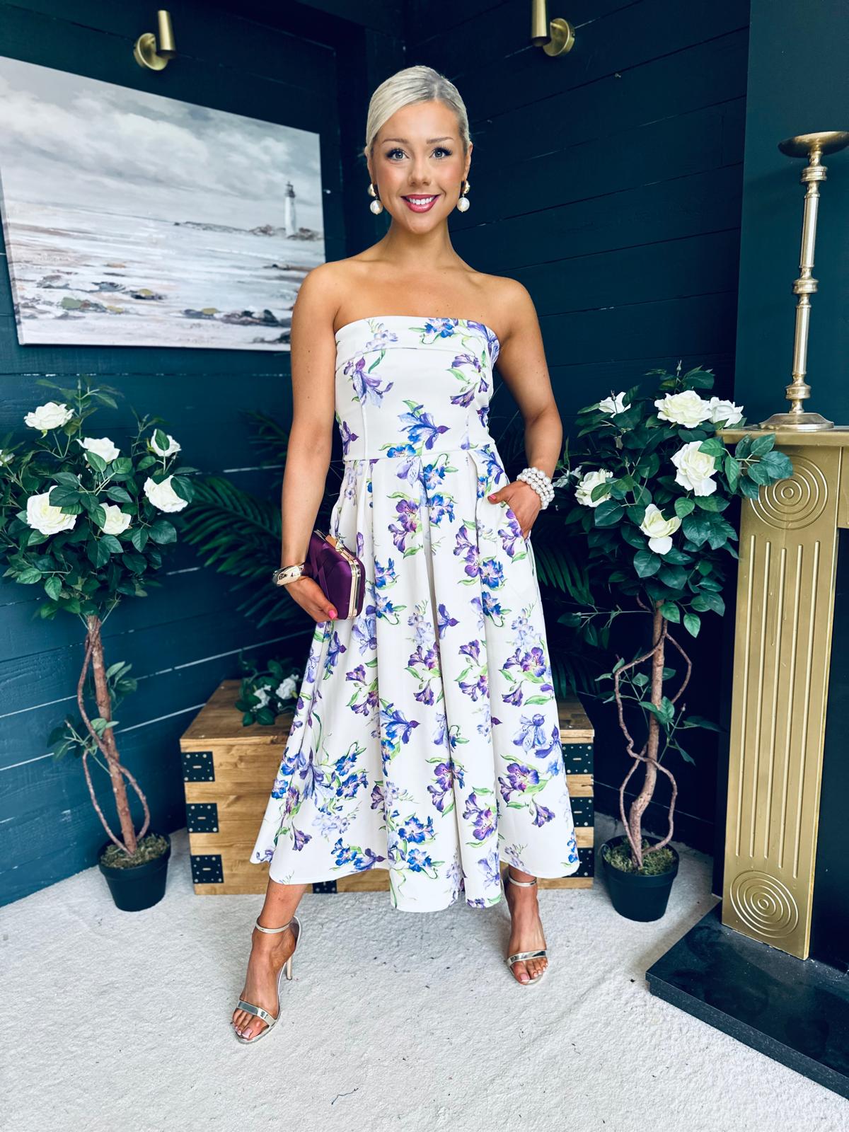 Danni Strapless Bandeau Midi Dress Yellow Floral