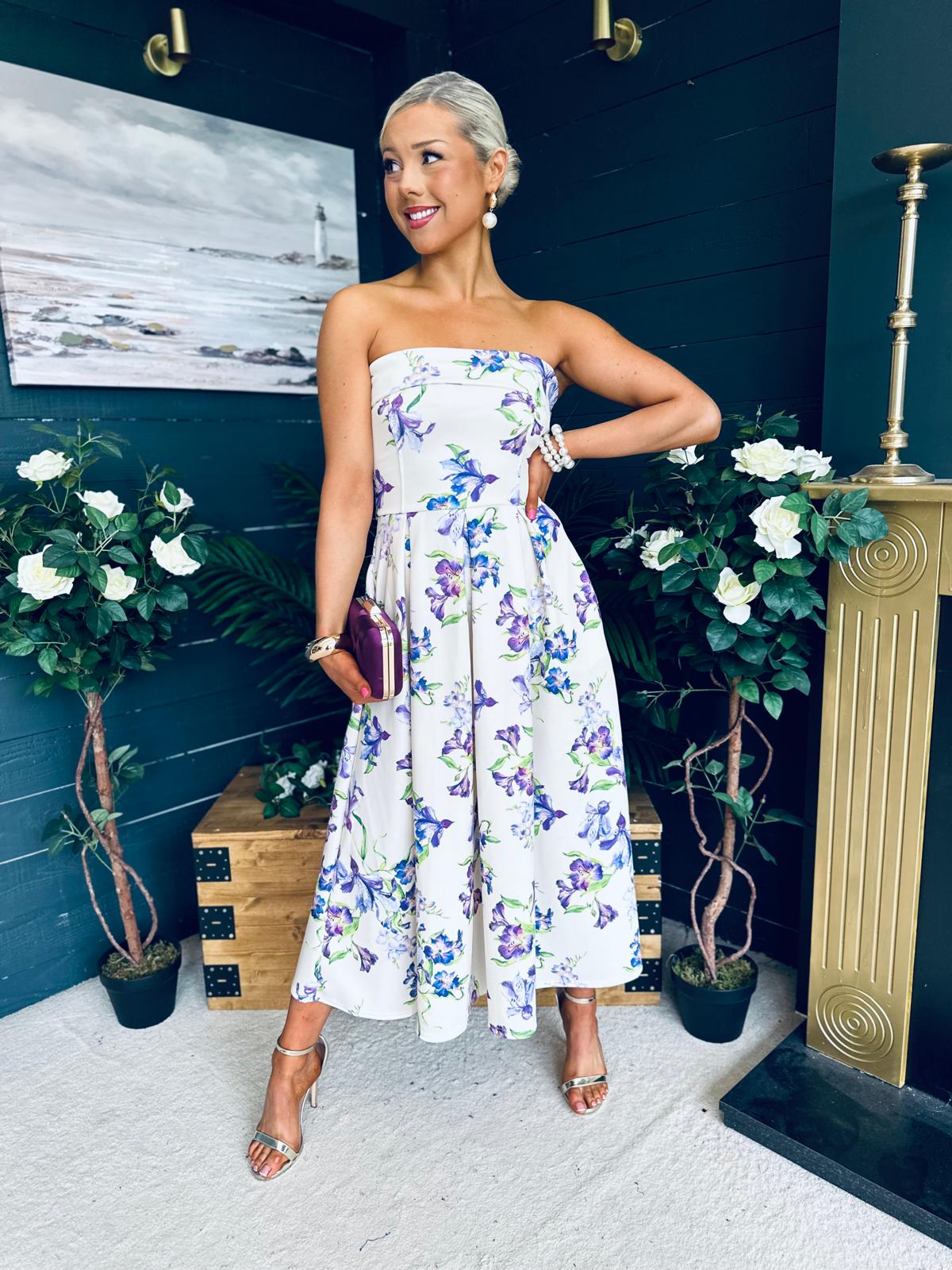 Danni Strapless Bandeau Midi Dress Yellow Floral